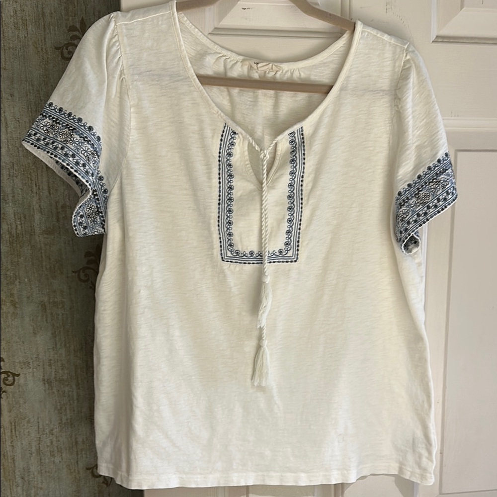 New, this season, Lucky Brand short sleeve top with blue embroidery
